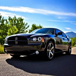 A sleek, aggressive black 2006 Dodge Charger parked on a scenic road