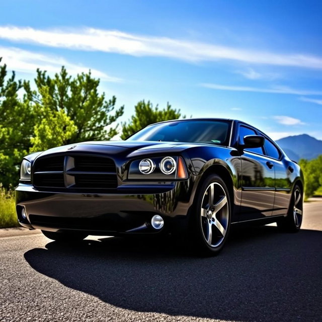 A sleek, aggressive black 2006 Dodge Charger parked on a scenic road