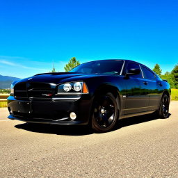 A sleek, aggressive black 2006 Dodge Charger parked on a scenic road