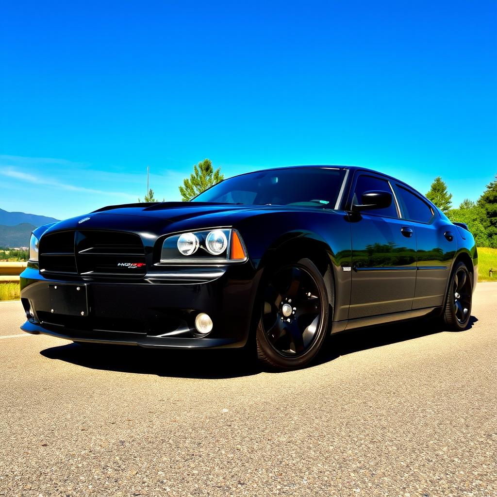 A sleek, aggressive black 2006 Dodge Charger parked on a scenic road