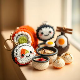 A charming collection of crocheted Japanese food keychains, featuring a cute assortment that includes a vibrant sushi roll complete with intricately crocheted fish and avocado, a delightful onigiri rice ball with a smiling face and wrapped in nori, a small bowl of ramen showcasing miniature noodles and a soft-boiled egg, and adorable takoyaki balls topped with sauce and bonito flakes
