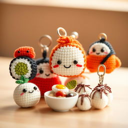 A charming collection of crocheted Japanese food keychains, featuring a cute assortment that includes a vibrant sushi roll complete with intricately crocheted fish and avocado, a delightful onigiri rice ball with a smiling face and wrapped in nori, a small bowl of ramen showcasing miniature noodles and a soft-boiled egg, and adorable takoyaki balls topped with sauce and bonito flakes