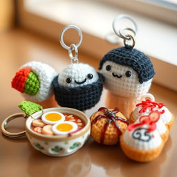 A charming collection of crocheted Japanese food keychains, featuring a cute assortment that includes a vibrant sushi roll complete with intricately crocheted fish and avocado, a delightful onigiri rice ball with a smiling face and wrapped in nori, a small bowl of ramen showcasing miniature noodles and a soft-boiled egg, and adorable takoyaki balls topped with sauce and bonito flakes