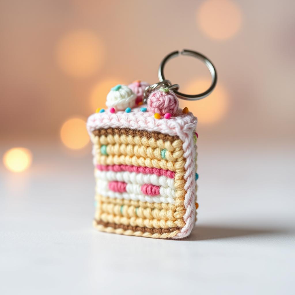A delightful crocheted cake keychain featuring a multi-layered slice of cake adorned with colorful icing and sprinkles