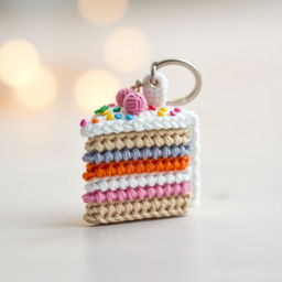 A delightful crocheted cake keychain featuring a multi-layered slice of cake adorned with colorful icing and sprinkles
