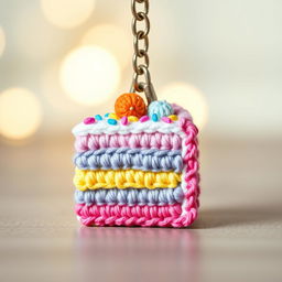 A delightful crocheted cake keychain featuring a multi-layered slice of cake adorned with colorful icing and sprinkles
