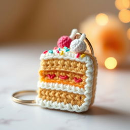 A delightful crocheted cake keychain featuring a multi-layered slice of cake adorned with colorful icing and sprinkles
