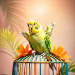 A joyful budgie in a vibrant green and yellow plumage cheerfully waving its tiny wings