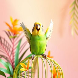 A joyful budgie in a vibrant green and yellow plumage cheerfully waving its tiny wings
