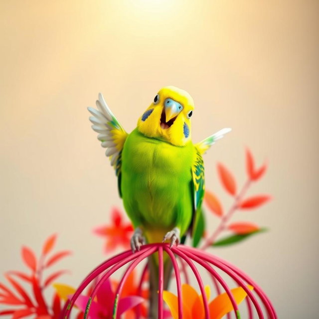 A joyful budgie in a vibrant green and yellow plumage cheerfully waving its tiny wings