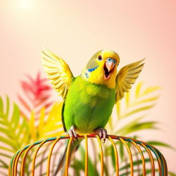 A joyful budgie in a vibrant green and yellow plumage cheerfully waving its tiny wings