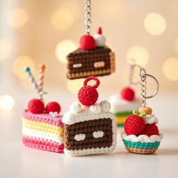 A delightful display of crocheted cake keychains, featuring a variety of whimsical cake designs