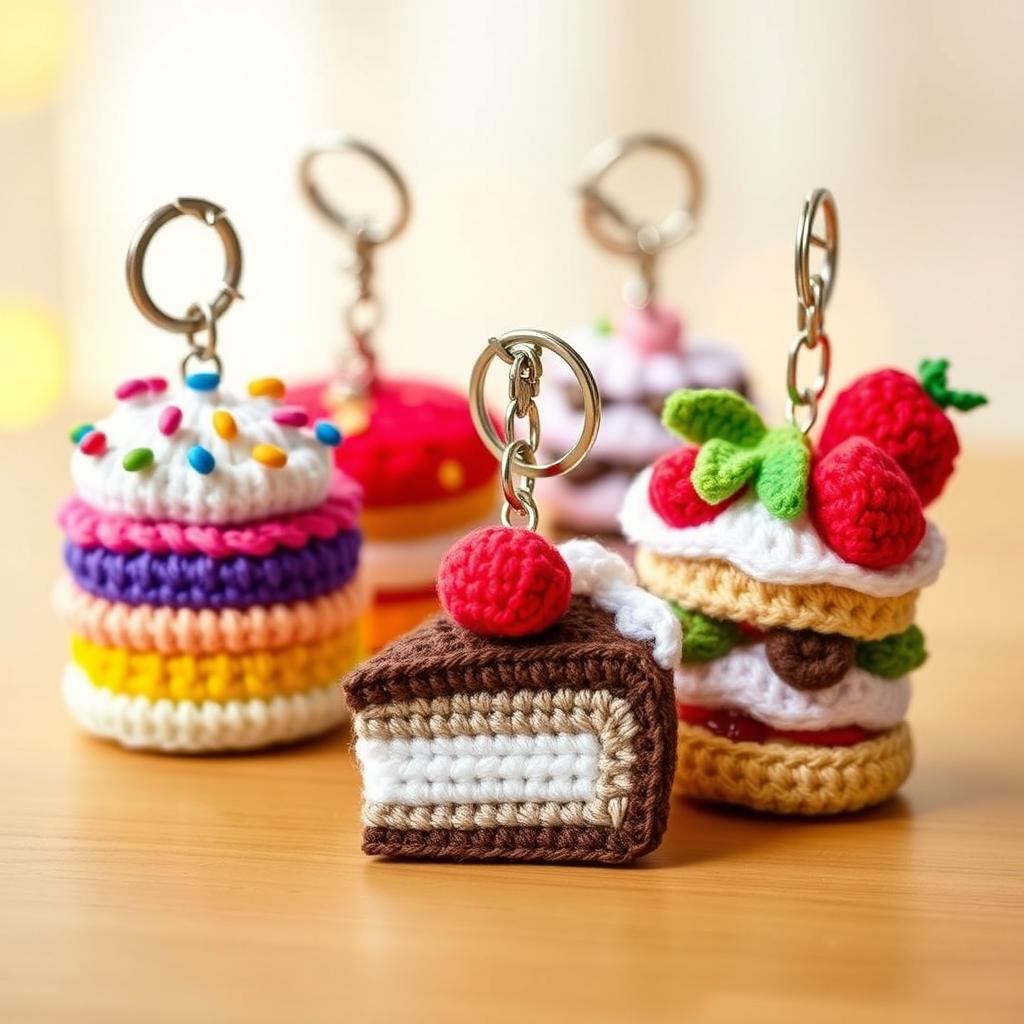 A delightful display of crocheted cake keychains, featuring a variety of whimsical cake designs