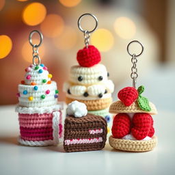 A delightful display of crocheted cake keychains, featuring a variety of whimsical cake designs