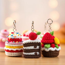 A delightful display of crocheted cake keychains, featuring a variety of whimsical cake designs