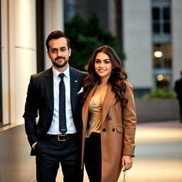 A dapper man in a well-tailored suit stands confidently beside a stylish woman, with one hand placed casually in his pocket and the other gently resting on her waist