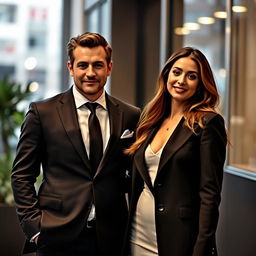 A dapper man in a well-tailored suit stands confidently beside a stylish woman, with one hand placed casually in his pocket and the other gently resting on her waist