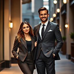 A dapper man in a well-tailored suit stands confidently beside a stylish woman, with one hand placed casually in his pocket and the other gently resting on her waist