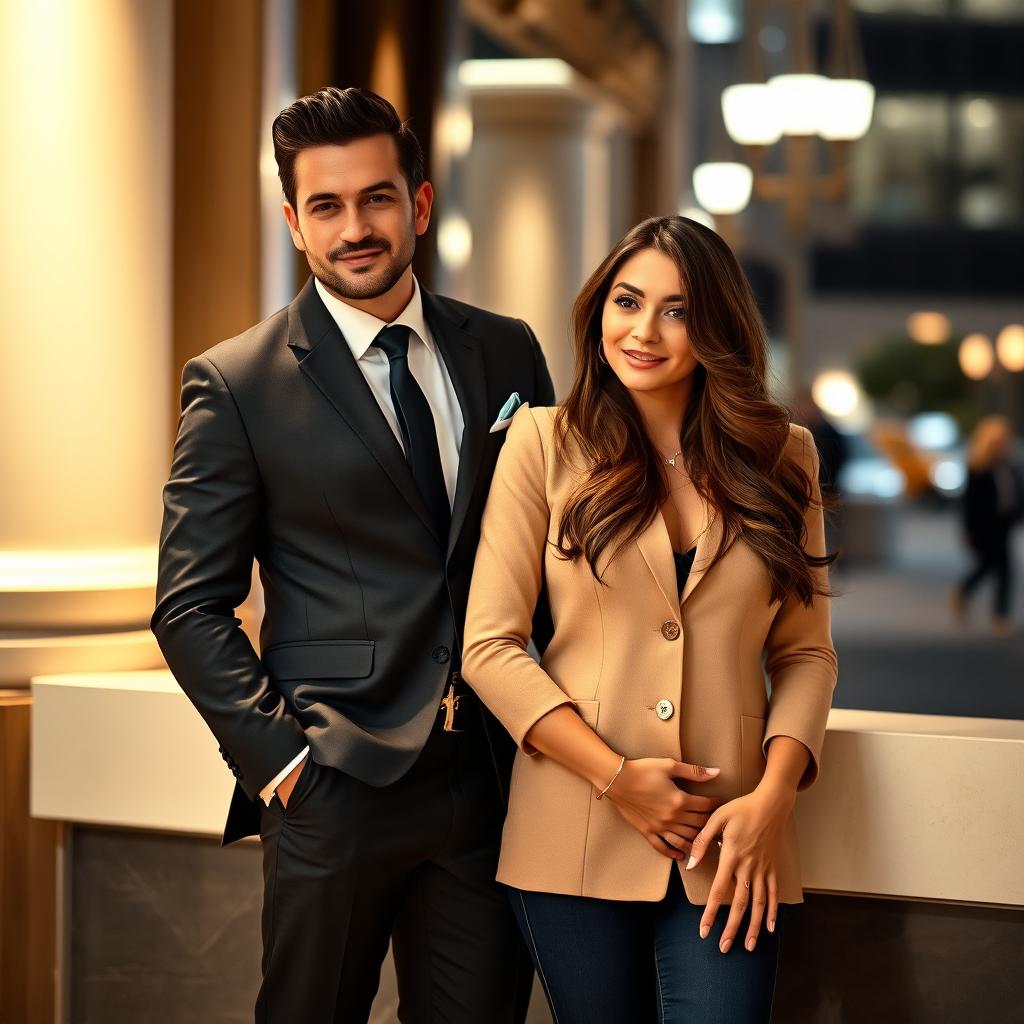 A dapper man in a well-tailored suit stands confidently beside a stylish woman, with one hand placed casually in his pocket and the other gently resting on her waist