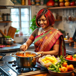 A Tamil woman in her 30s with striking red bob hair is engaged in cooking