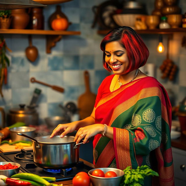 A Tamil woman in her 30s with striking red bob hair is engaged in cooking