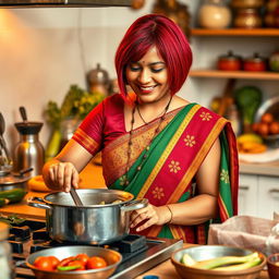 A Tamil woman in her 30s with striking red bob hair is engaged in cooking