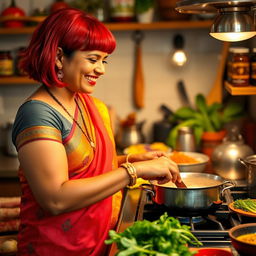A Tamil woman in her 30s with striking red bob hair is engaged in cooking