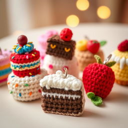 A collection of adorable crocheted cake keychains, showcasing a variety of whimsical cake designs