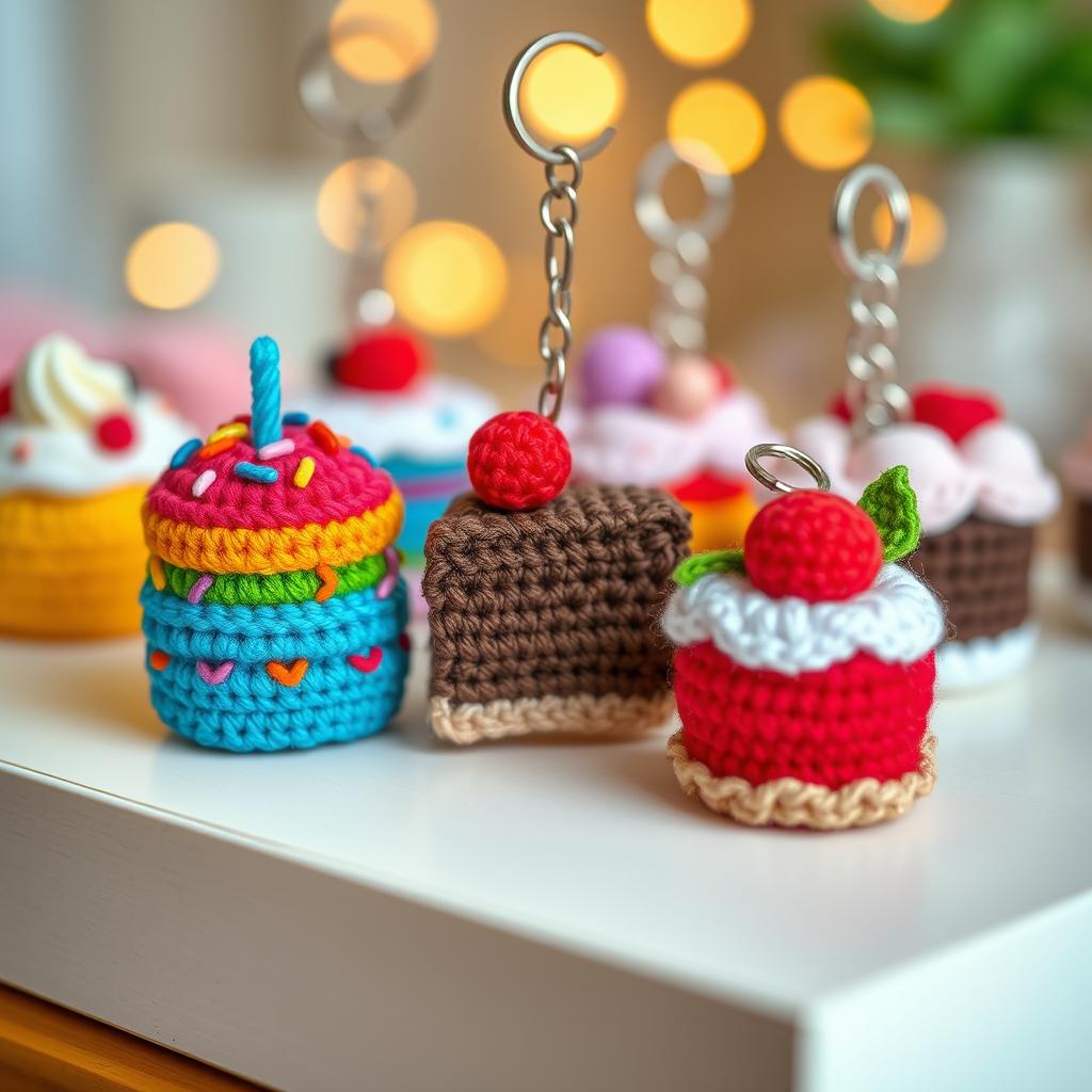 A collection of adorable crocheted cake keychains, showcasing a variety of whimsical cake designs