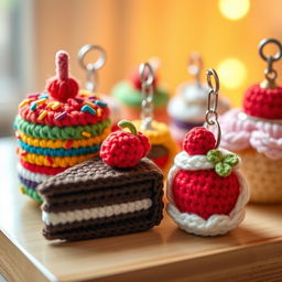A collection of adorable crocheted cake keychains, showcasing a variety of whimsical cake designs