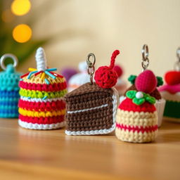 A collection of adorable crocheted cake keychains, showcasing a variety of whimsical cake designs