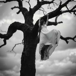 A dramatic black and white image depicting a somber scene with a large, gnarled tree in an overcast environment