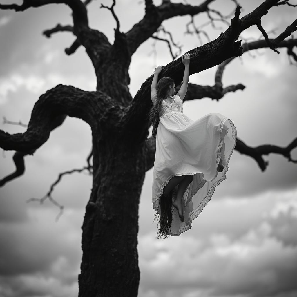 A dramatic black and white image depicting a somber scene with a large, gnarled tree in an overcast environment