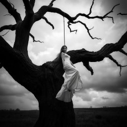 A dramatic black and white image depicting a somber scene with a large, gnarled tree in an overcast environment