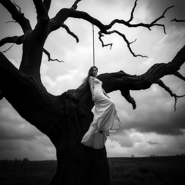 A dramatic black and white image depicting a somber scene with a large, gnarled tree in an overcast environment