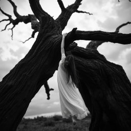 A dramatic black and white image depicting a somber scene with a large, gnarled tree in an overcast environment