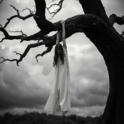 A dramatic black and white image depicting a somber scene with a large, gnarled tree in an overcast environment