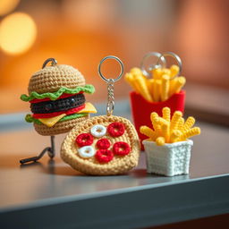A whimsical collection of crocheted fast food keychains featuring an array of beloved snacks