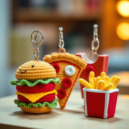 A whimsical collection of crocheted fast food keychains featuring an array of beloved snacks