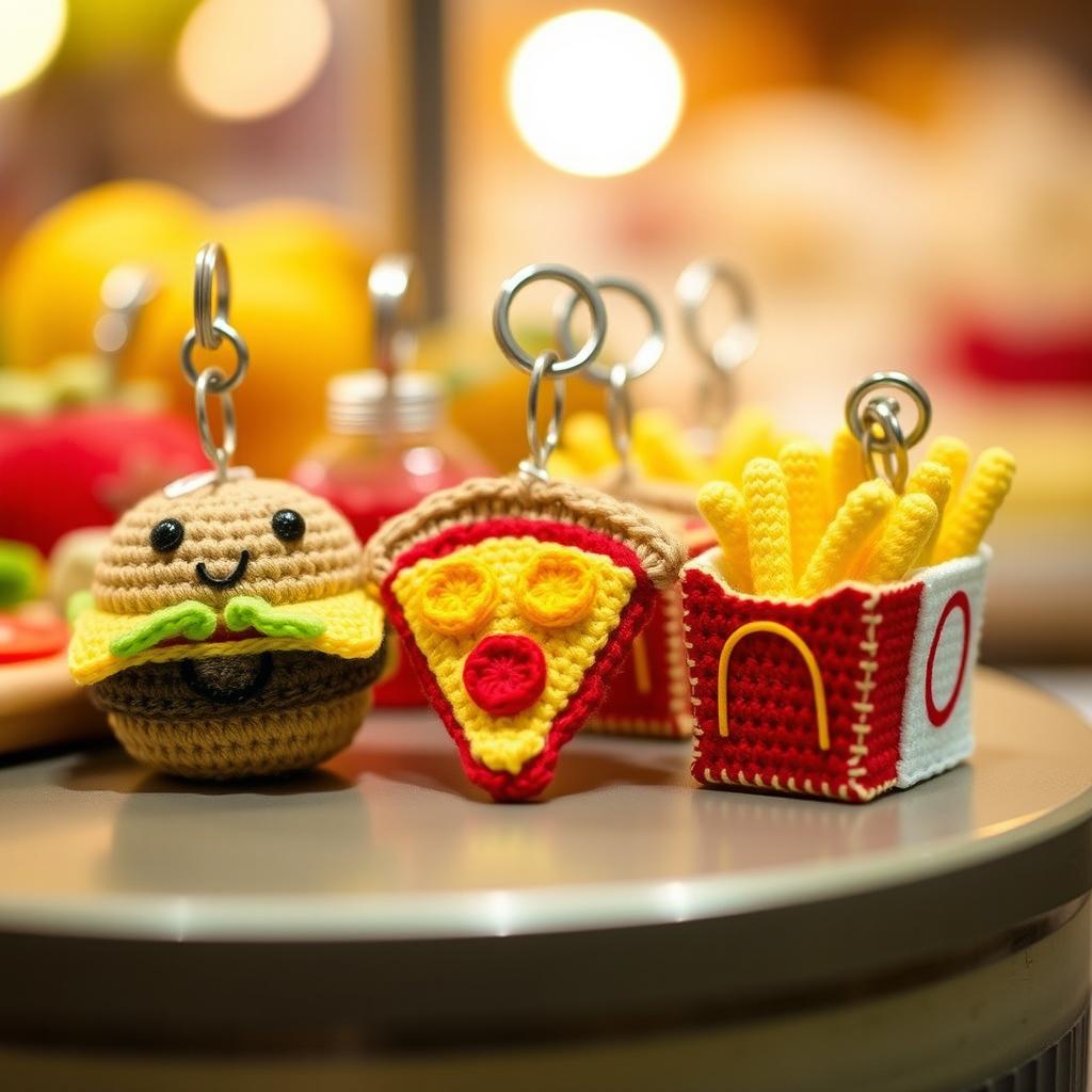 A whimsical collection of crocheted fast food keychains featuring an array of beloved snacks