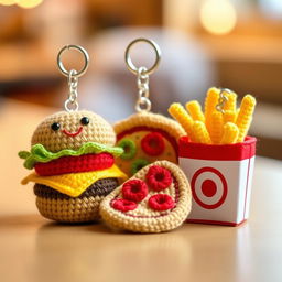 A whimsical collection of crocheted fast food keychains featuring an array of beloved snacks