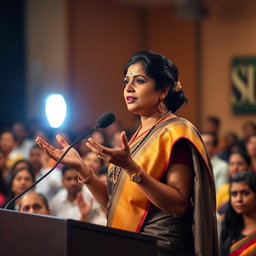 A confident Tamil woman in her 30s delivering a speech at a public event