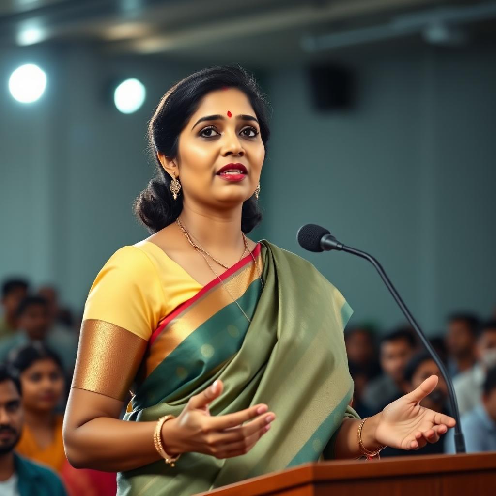 A confident Tamil woman in her 30s delivering a speech at a public event