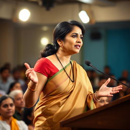 A confident Tamil woman in her 30s delivering a speech at a public event