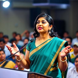 A confident Tamil woman in her 30s delivering a speech at a public event