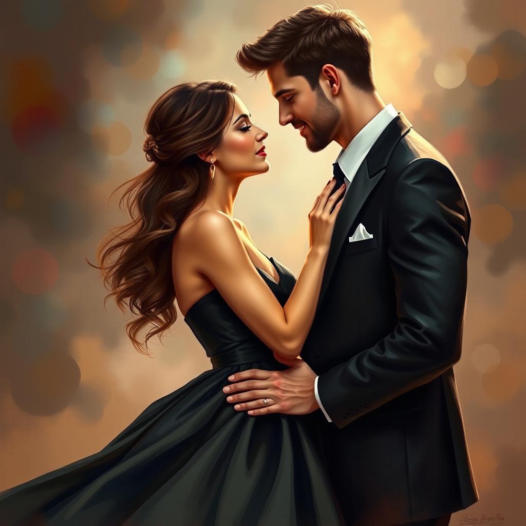 A romantic scene of a couple in love, depicted in an oil painting style