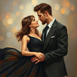 A romantic scene of a couple in love, depicted in an oil painting style
