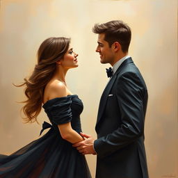 A romantic scene of a couple in love, depicted in an oil painting style