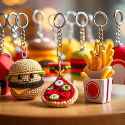 An enchanting array of crocheted fast food keychains, showcasing a delightful selection of iconic snacks