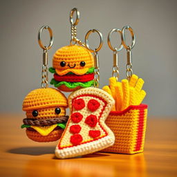 An enchanting array of crocheted fast food keychains, showcasing a delightful selection of iconic snacks
